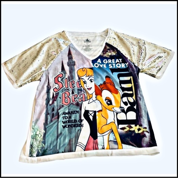 DISNEY SLEEPING BEAUTY BAMBI SEQUIN SLEEVE WOMEN’S TOP Sz L - Picture 2 of 8
